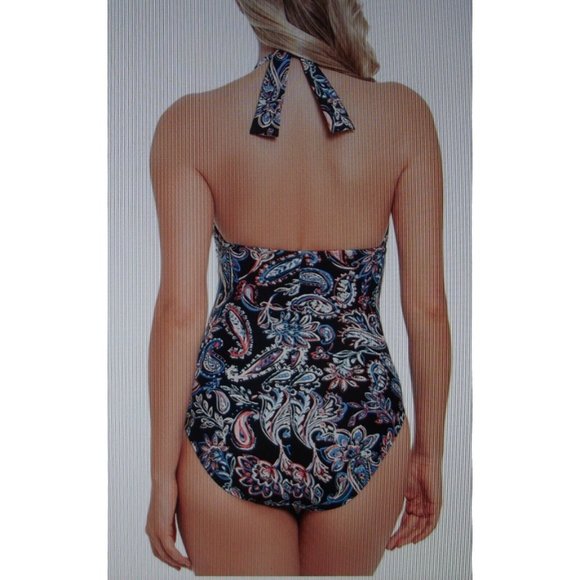 Time & Tru Missy Medium One Piece Swimsuit black blue pink paisley halter v-neck - Picture 2 of 9